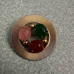 Vintage Brooch Pin 3 scarab beetle stones green, red, and pink in gold circle